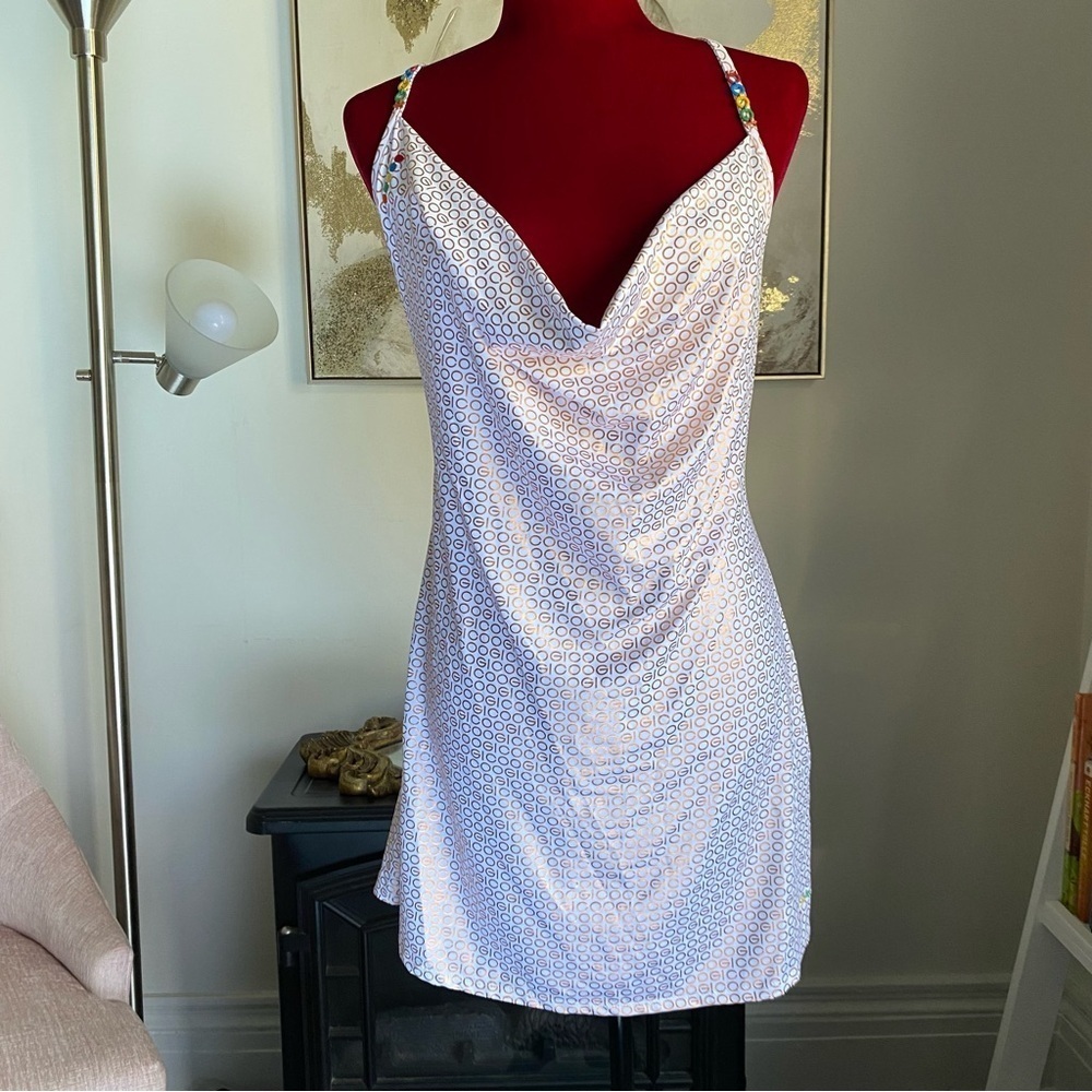 COOGI VINTAGE WHITE GOLD LOGO PRINT COWL NECK MINI DRESS LARGE - Picture 7 of 16